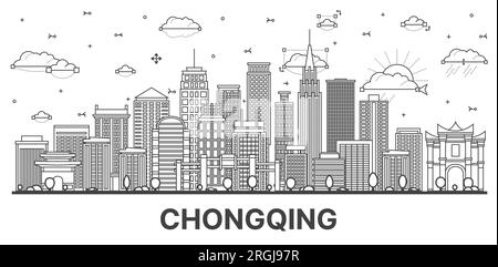 Outline Chongqing China City Skyline with Modern and Historic Buildings Isolated on White. Vector Illustration. Chongqing Cityscape with Landmarks. Stock Vector