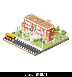 Isometric school building with yellow bus isolated on white background. Vector illustration. Trees and road. Man goes to the school. Stock Vector