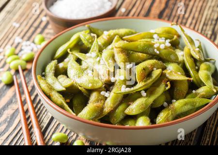 Stir-fried green Edamame Soy Beans with sea salt and sesame seeds closeup on the plate on the table. Horizontal Stock Photo
