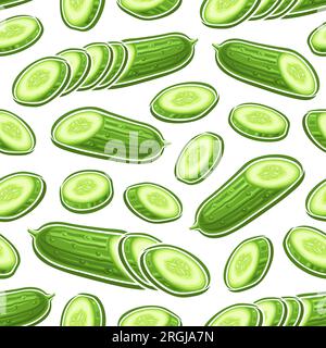 Vector Cucumber Seamless Pattern, repeating background with sliced ripe garden cucumbers for bed linen, decorative square poster with group of flat la Stock Vector