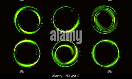 Magic green neon light glow circle with leaves. Abstract sparkle ring swirl with flare. 3d circular glossy energy speed trail. Tea leaf fresh flow with stardust particle and blur. Spiral eco frame Stock Vector