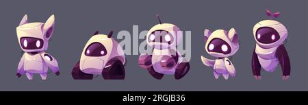 Cartoon set of robot characters isolated on background. Vector illustration of futuristic ai cyborgs with wheels, tracks, wires, led light eyes on scr Stock Vector