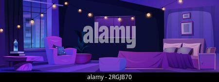 Night cozy hotel bedroom cartoon vector interior background. Empty modern bed room apartment with garland, pillow and television on wall. Purple indoo Stock Vector