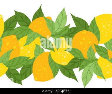 Vector seamless horizontal border with lemons and foliage. Frieze with citruses and leaves isolated from the background. Hand drawn flat pattern. Stock Vector