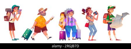 People tourists in travel. Tourism, trip and sightseeing concept with men and women characters with backpacks, suitcases, map, camera and mobile phone Stock Vector