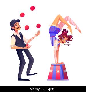 Male juggler and female acrobat isolated on white background. Vector cartoon illustration of circus performer juggling with balls, flexible contortionist standing on hands on podium. Talent festival Stock Vector