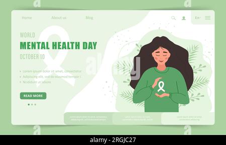 World mental health day. Landing page template. Happy woman with ribbon. Annual international health campaign. Vector illustration in flat cartoon Stock Vector