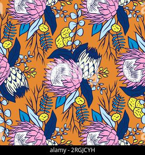 Seamless pattern with line art protea flowers on orange background Stock Vector