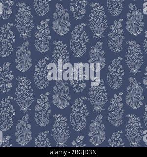 Paisley flower bunch outline seamless pattern on dark blue background. Stock Vector