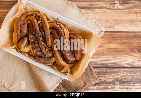 Freshly baked Chocolate babka, top view. Stock Photo