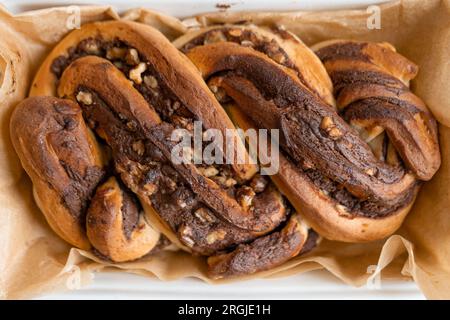Freshly baked Chocolate babka, top view. Stock Photo