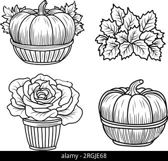 Set of autumn coloring pages with pumpkins and sunflowers.Autumn mood black and white linear illustration Stock Vector