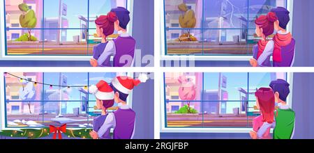 Couple back near window with season city bus stop view background. Woman and man in room standing and watching at cityscape in summer, autumn, winter and spring at sunny day or lightning weather. Stock Vector