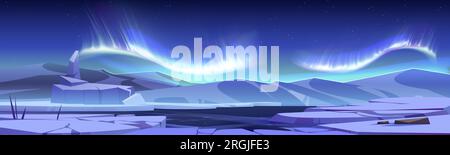 Aurora borealis shimmering above ice landscape. Vector cartoon illustration of colorful abstract northern lights in night sky with many stars, rocky mountains, frozen water surface, nordic nature Stock Vector