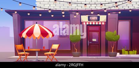 Urban cafe on city street corner. Vector cartoon illustration of coffee shop facade with furniture outdoors, paper cups on table, wooden chairs under umbrella. Modern cafeteria decorated with garlands Stock Vector