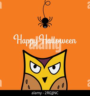 Owl face head looking up to hanging on dash line web spider doodle. Hand drawn doodle vector illustration. Stock Vector