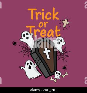 Doodles hand drawn ghost and coffin. Halloween party greeting card. Vector illustration Stock Vector