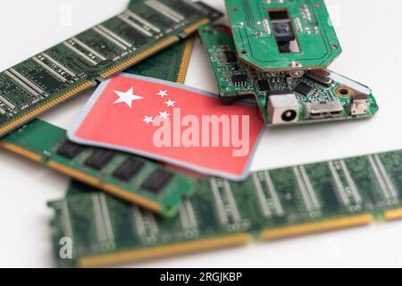 Circuit electric board, China flag on the board Stock Photo