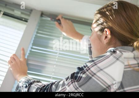 woman installing blinds with screwdriver Stock Photo