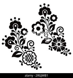 Mexican folk art style vector floral long black and white pattern, designs inspired by traditional embroidery from Mexico Stock Vector