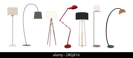 Modern Floor lamps set. Different interior light decor standing. Flat vector illustrations, interior design elements isolated on white backgroun Stock Vector