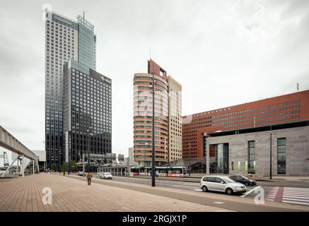 Wilhelminaplein square in Rotterdam with hi-rise office buildings. Downtown district in Feijenoord district of Rotterdam on the bank of the Maas river Stock Photo