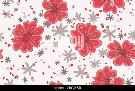 Vectorized pattern of red flowers, stars and red dots on grayish background, pattern for design backgrounds or prints, vector in christmas colors Stock Photo
