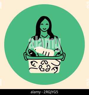 Woman holding container with bottles for recycling black line icon. Pictogram for web page, mobile app, promo. Stock Vector