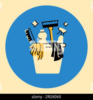 Bucket with cleaning supplies black line icon. Cleaning company. Pictogram for web page, mobile app, promo. Stock Vector