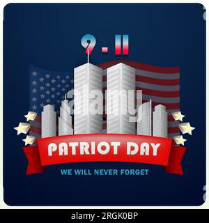 Patriot Day. The Twin Towers on the New York City skyline, with the American flag in the background. September 11, 2001 vector poster Stock Vector