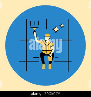 Worker washes the windows of modern skyscraper black line icon. Cleaning company. Pictogram for web page, mobile app, promo. Stock Vector