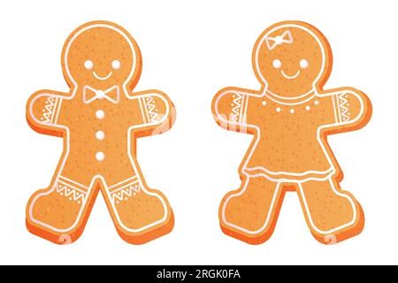 Gingerbread man and woman cute christmas cookies textures with decorations in cartoon style isolated on white background. Vector illustration Stock Vector