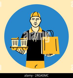 Courier with drinks and food black line icon. Food delivery service. Pictogram for web page, mobile app, promo. Stock Vector