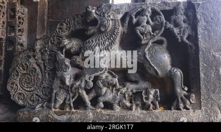 Yali on the staircase of Basaveswara Temple, Kuruvatti, Vijayanagara, Karnataka, India Stock Photo