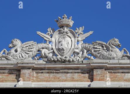 Detail above the town hall or comune building in Piazza G. Leopardi in the centre of the historic town of Recanati in Italy home of the famous poet Stock Photo