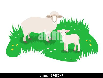 Sheep and her little lamb grazing in green meadow. Simple flat vector illustration Stock Vector