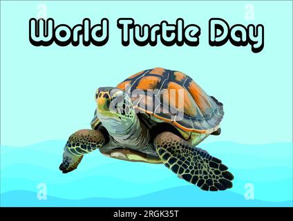 A vibrant sea turtle illustration in clear blue water celebrates World Turtle Day on May 23, emphasizing the need to protect these ancient creatures. Stock Photo