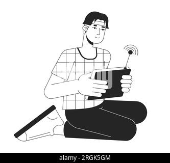 Happy asian man with wireless control console flat line black white vector character Stock Vector