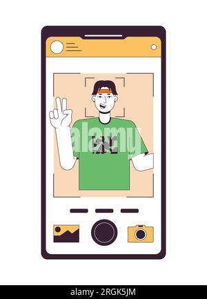 Taking photo on front camera flat line concept vector spot illustration Stock Vector