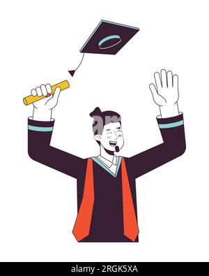 European male graduate throwing graduation cap flat line color vector character Stock Vector