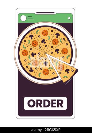 Order pizza by smartphone flat line concept vector spot illustration Stock Vector