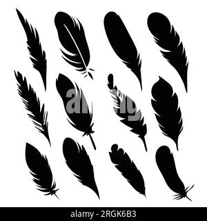 Black silhouettes of a bird feather. Feather collection. Vector isolated on white Stock Vector