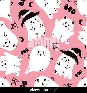 Vector colored seamless repeating childish pattern with cute ghosts on background. Stock Vector