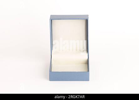 Jewelry Box on white background. Blue color jewelry box opened. Mockup. Stock Photo