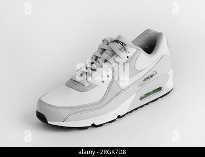 Istanbul, Turkey - April 12, 2023: Nike Air Max 90 GTX model shoes on white background. White and Gray color GORE-TEX shoes. Stock Photo