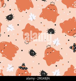 Vector colored seamless repeating childish pattern with cute ghosts on background. Stock Vector