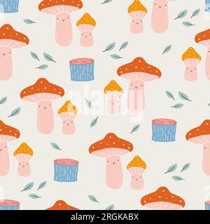 Vector colored seamless repeat childlike pattern with cute mushrooms on background. Greeting card and invitation design for seasonal autumn holidays Stock Vector