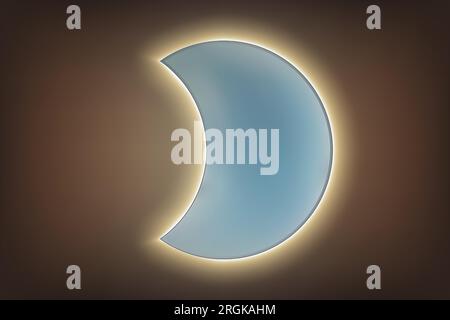 Wall mirror in the shape of a partial moon with yellow backlight on a dark wall. Vector illustration of an interior object with trendy lighting Stock Vector