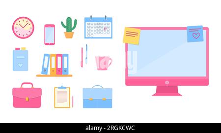 Set of office accessories. Business concept. Cartoon flat style Stock Vector