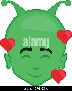 vector green alien et head cartoon surrounded hearts Stock Vector